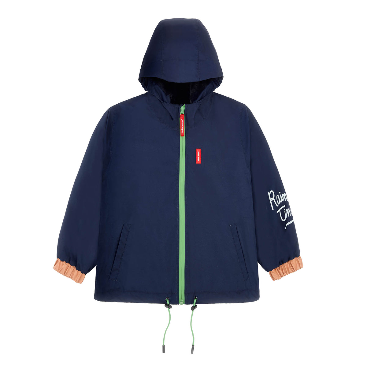 Blaue marine Kinder-Winterjacke mit Kapuze, Orange Details und grünem Reißverschluss Hello Hossy