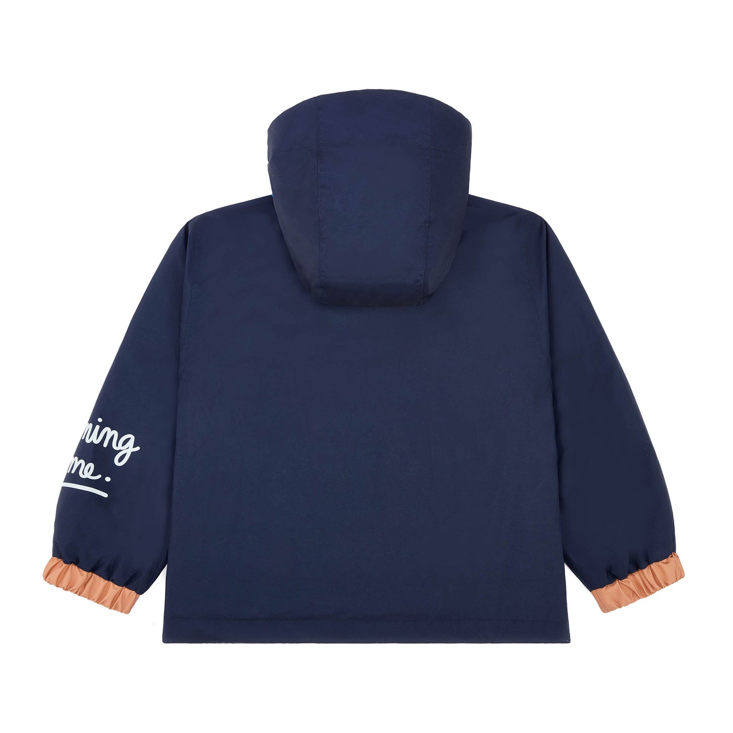 Kinderwinterjacke marineblau Kapuze elastische Ärmel Orange-Details Hello Hossy