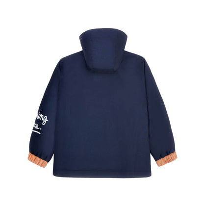 Blaue marine Kinder-Winterjacke mit Kapuze, elastischen Ärmeln und Orange Details Hello Hossy