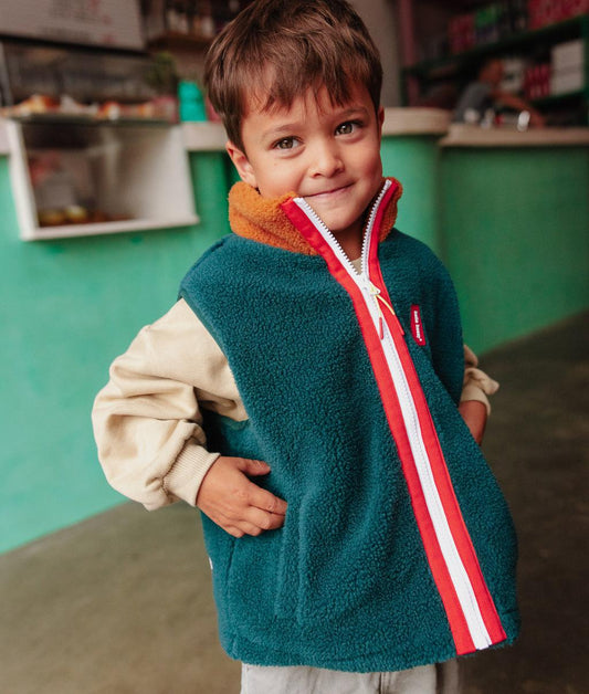 Ärmellose Kinder-Fleecejacke blau-braun mit gestreiftem Reißverschluss Hello Hossy