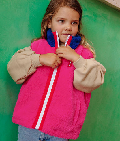 Kinder-Fleeceweste Fuchsia blauer Kragen Reißverschluss Hello Hossy