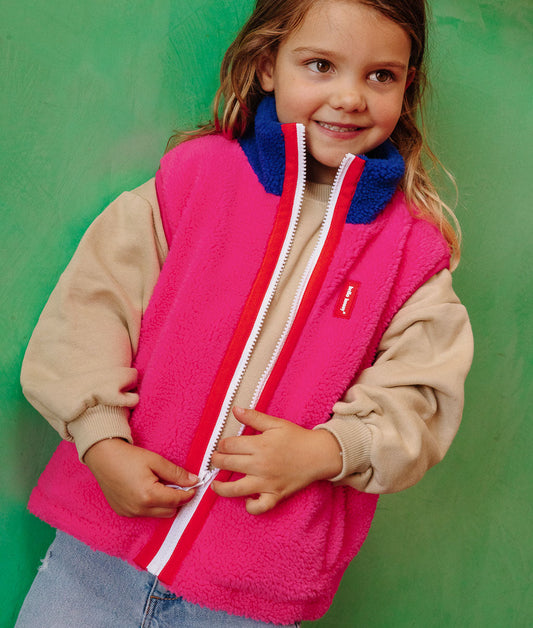 Kinder-Fleeceweste Fuchsia blauer Kragen mit Reißverschlussöffnung Hello Hossy