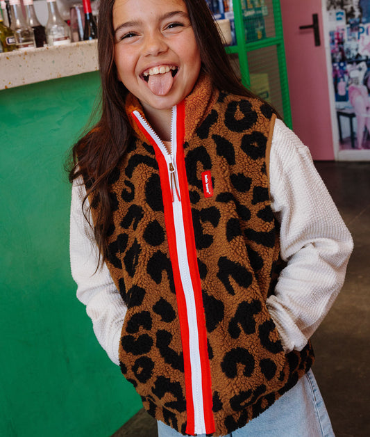 Kinder-Fleeceweste braun Leopardenmuster kontrastierender zip Hello Hossy